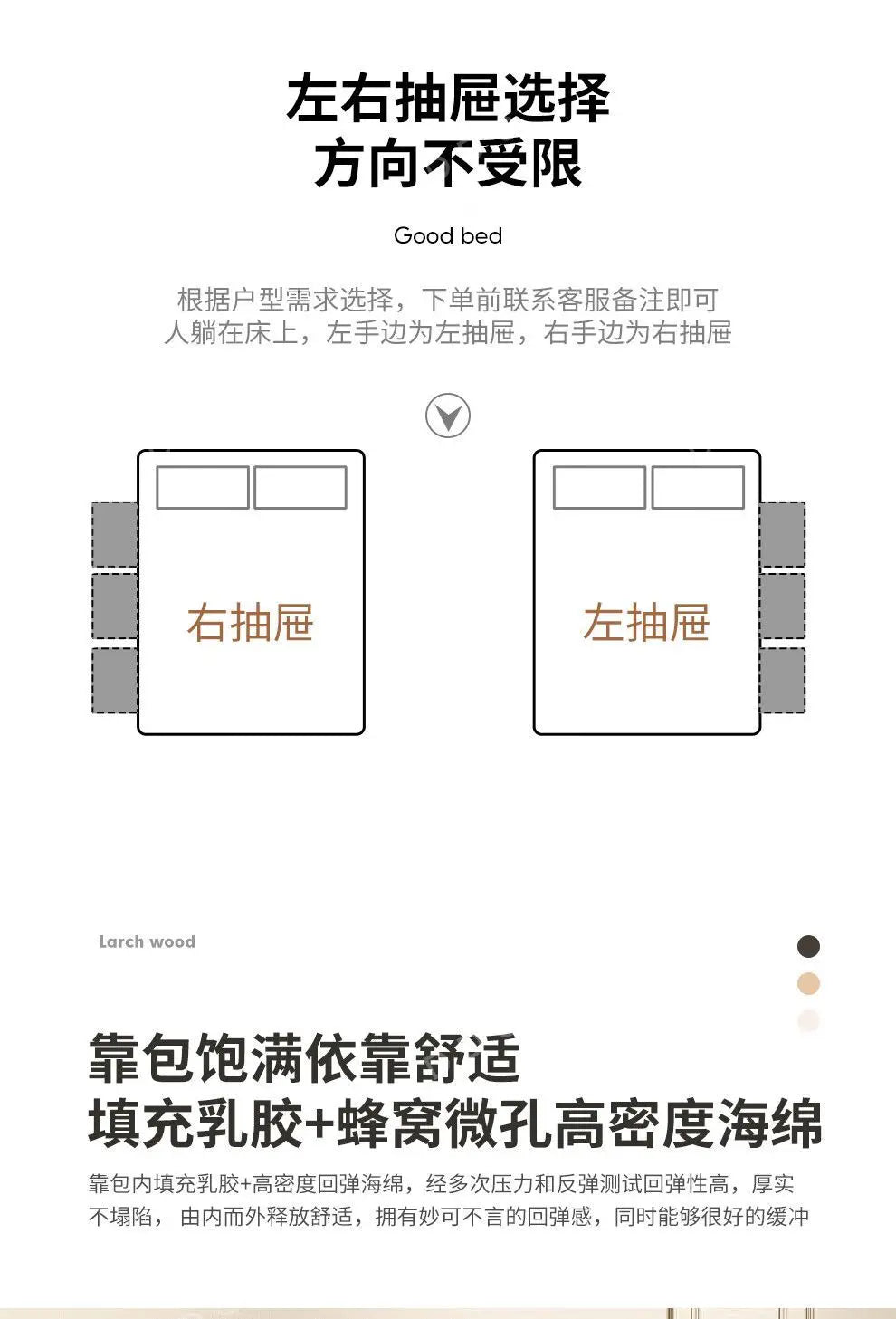 Diagram showing a luxury leather bed frame with customisable left or right-side storage drawers and cushioned headboard.