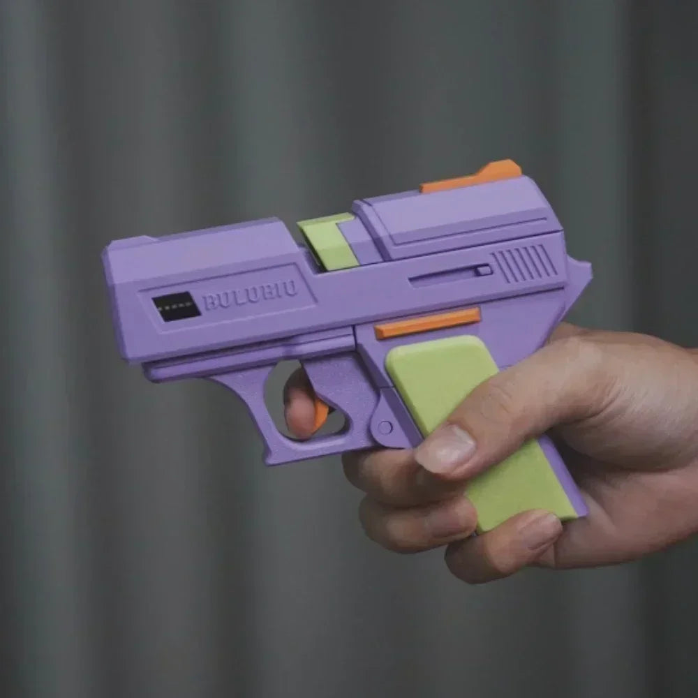 Purple and green plastic pistol-style AirPods case held in hand, featuring a retro toy gun design.