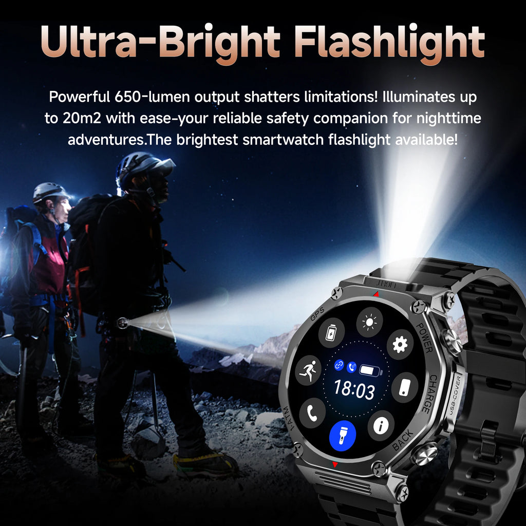 Rugged black smartwatch with an integrated flashlight, shown against a night-time backdrop of mountain hikers.