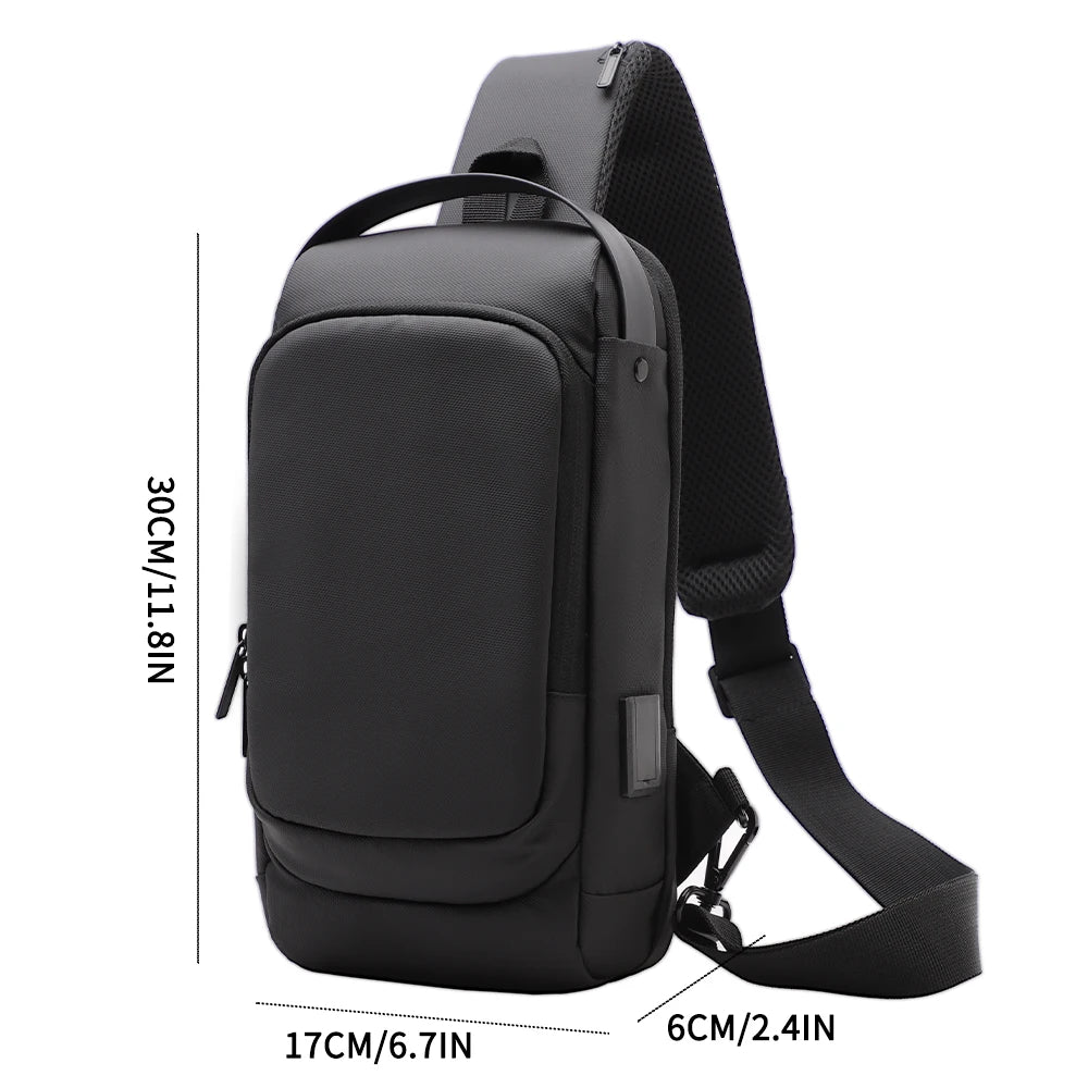 Black waterproof crossbody sling bag with a built-in USB charging port and adjustable padded shoulder strap.