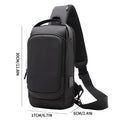 Black waterproof crossbody sling bag with a built-in USB charging port and adjustable padded shoulder strap.