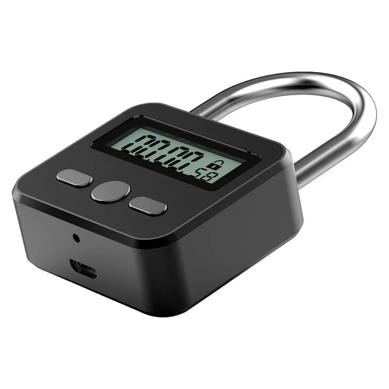 Black metal smart padlock with digital timer display, three setting buttons, and a silver steel shackle.