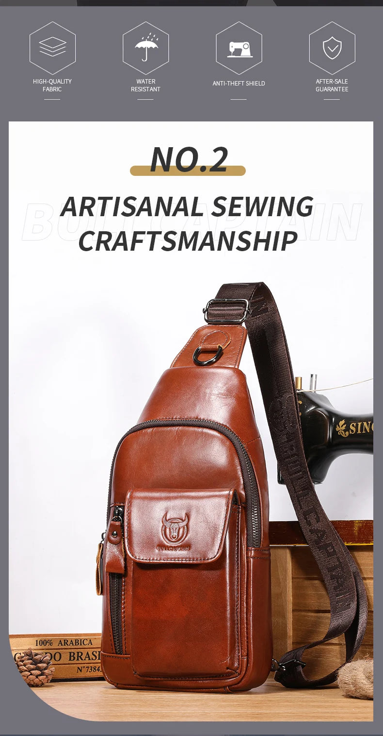Tan brown leather men’s crossbody sling bag with multiple zip pockets, adjustable strap, and a front buckle flap.