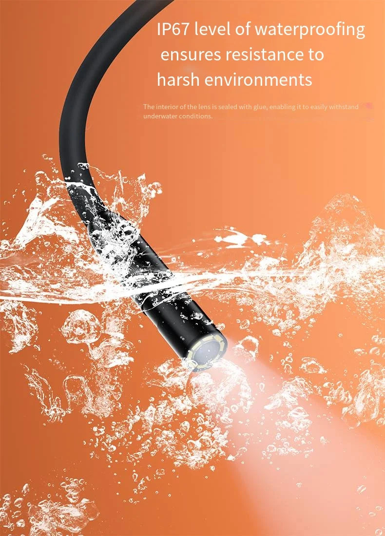 Black waterproof endoscope camera probe with LED light, submerged in water with splashing bubbles against orange backdrop.