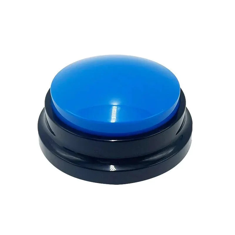 A round, blue interactive recordable dog training button set on a black circular base.