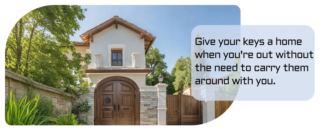 A brown, wood-effect key storage box shaped like a house, featuring a hidden compartment and a wall-mounted design.