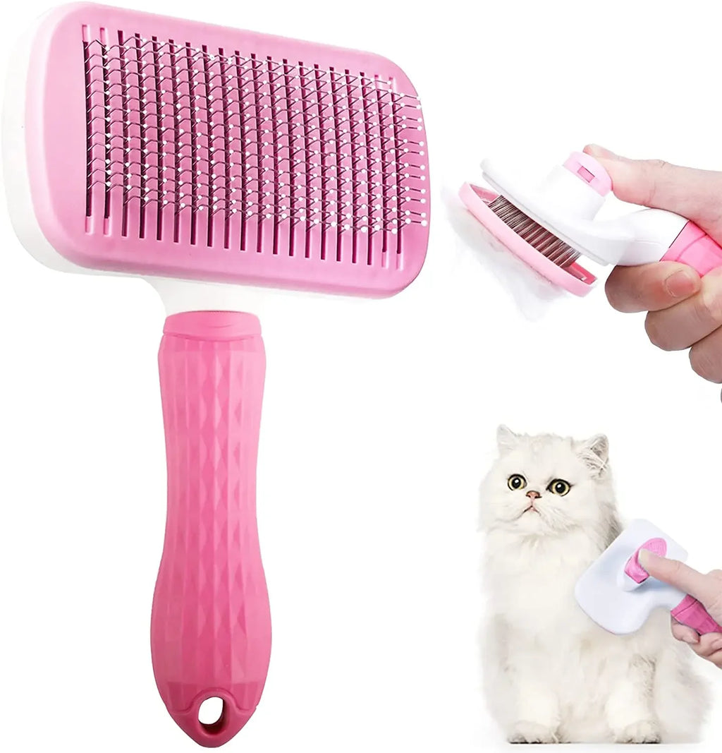 Pink self-cleaning pet grooming slicker brush with a textured handle, shown being used on a fluffy white cat.