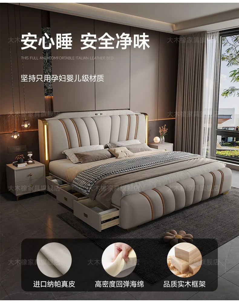 Luxury cream-coloured bed with vertical channel tufting, integrated headboard lighting, and pull-out storage drawers.