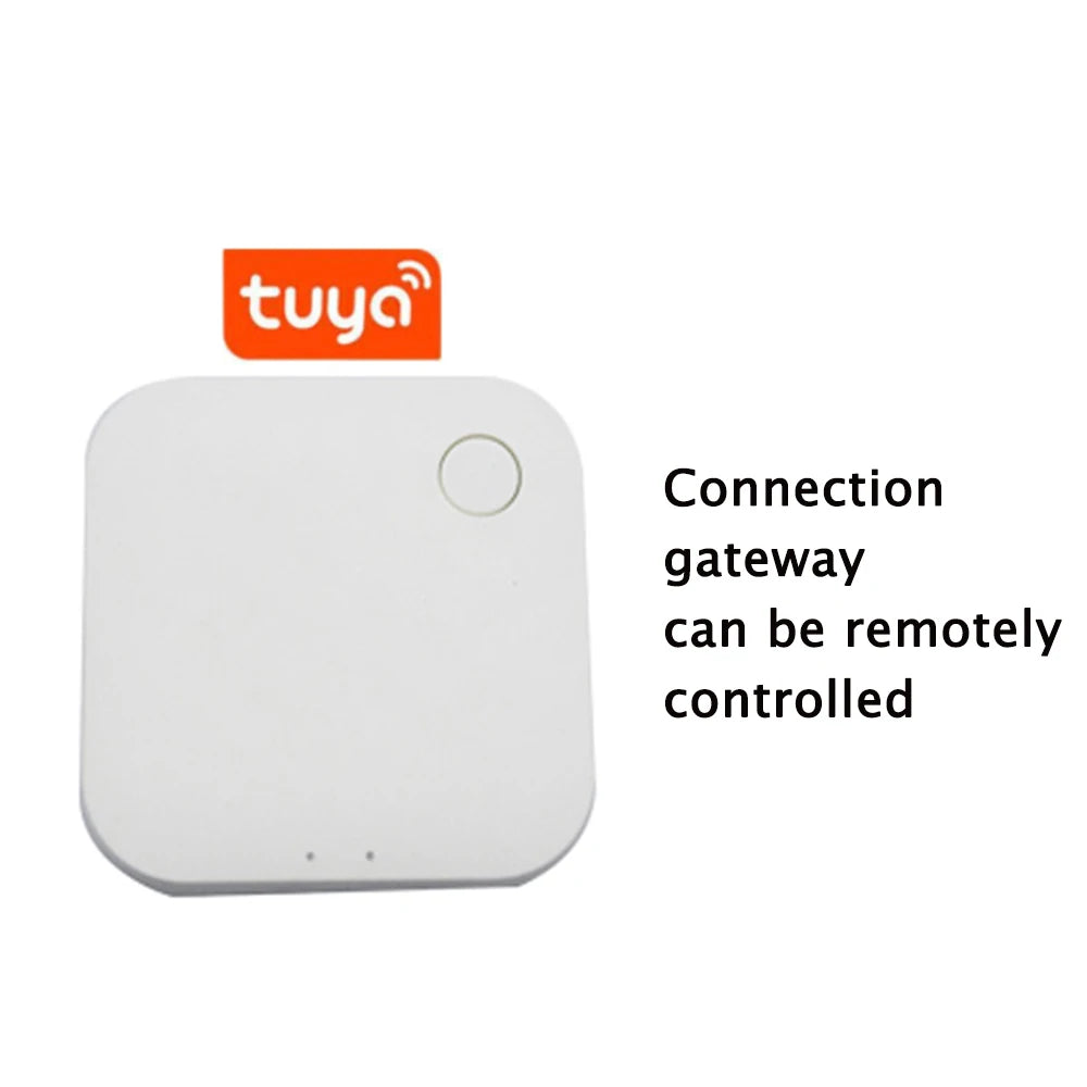 White square plastic Tuya smart home gateway hub with a single circular control button and two small status LEDs.