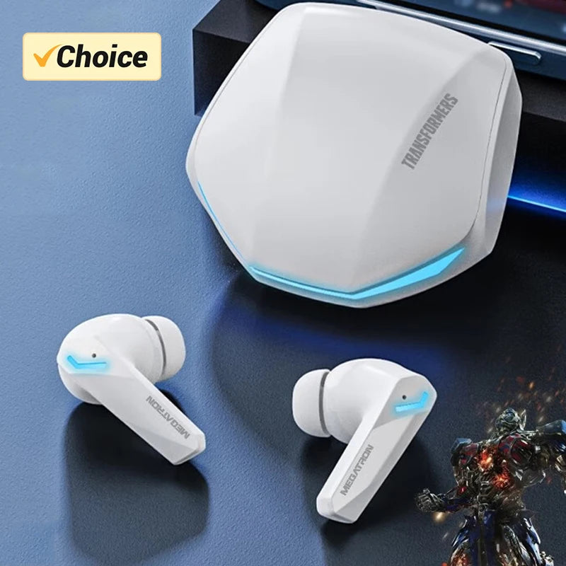 White wireless earbuds with charging case, featuring futuristic angular design and blue LED accents.