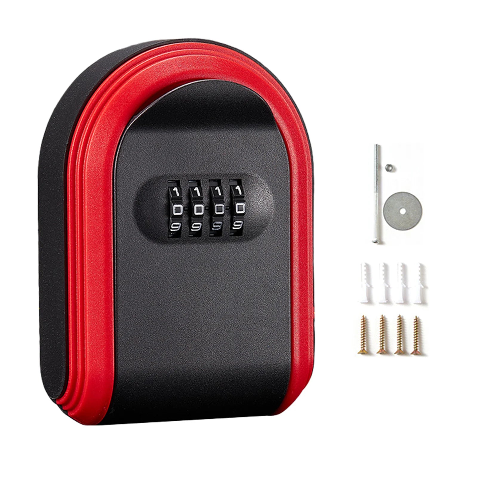 Black and red metal key lock box with a four-digit combination dial, including mounting hardware.