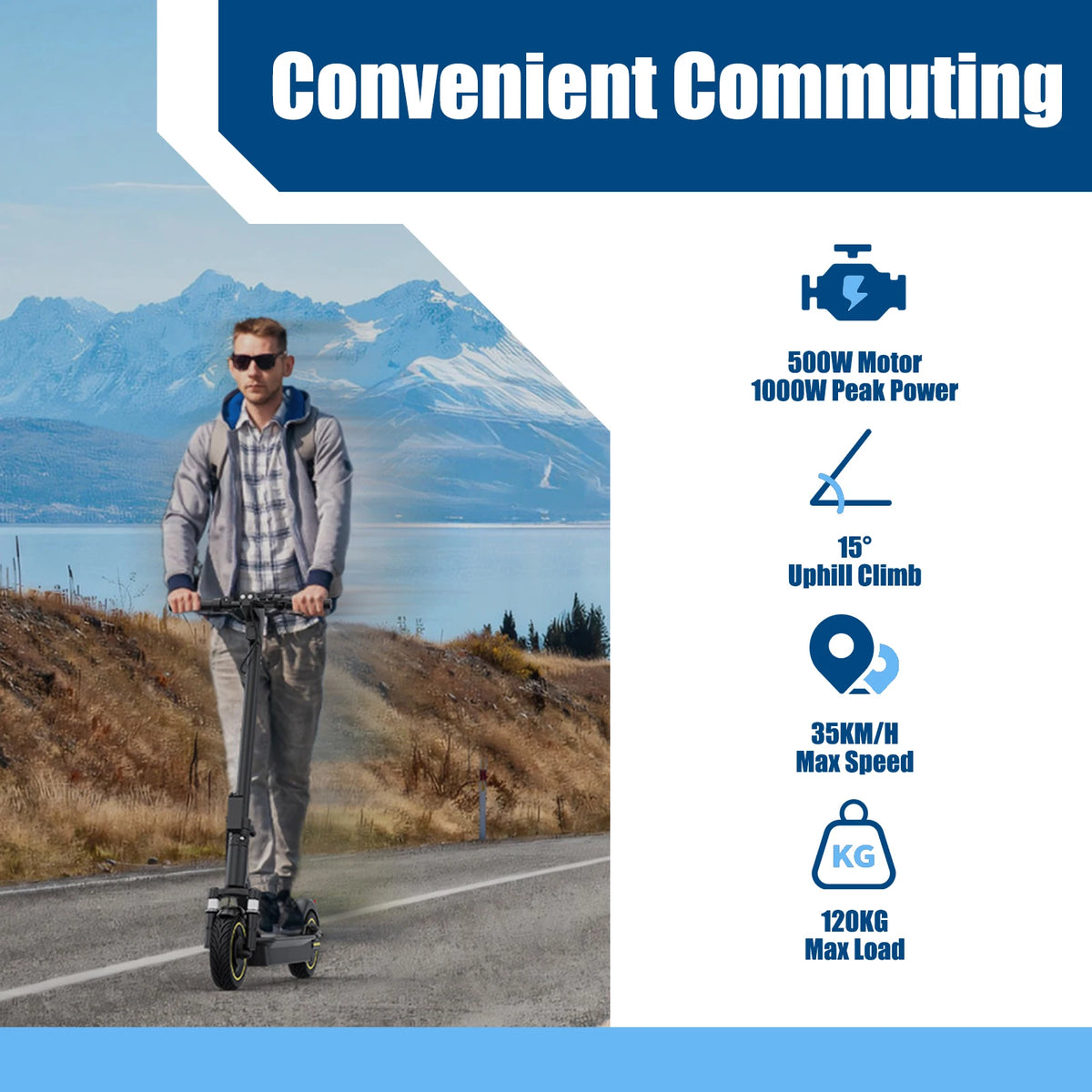 Black AOVOPRO foldable electric scooter ridden on a paved road by an adult with mountains in the background.