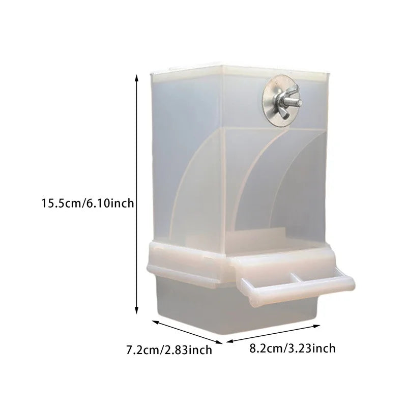 Clear plastic bird feeder with a small perch, mounting hardware, and annotated dimensions on a white background.