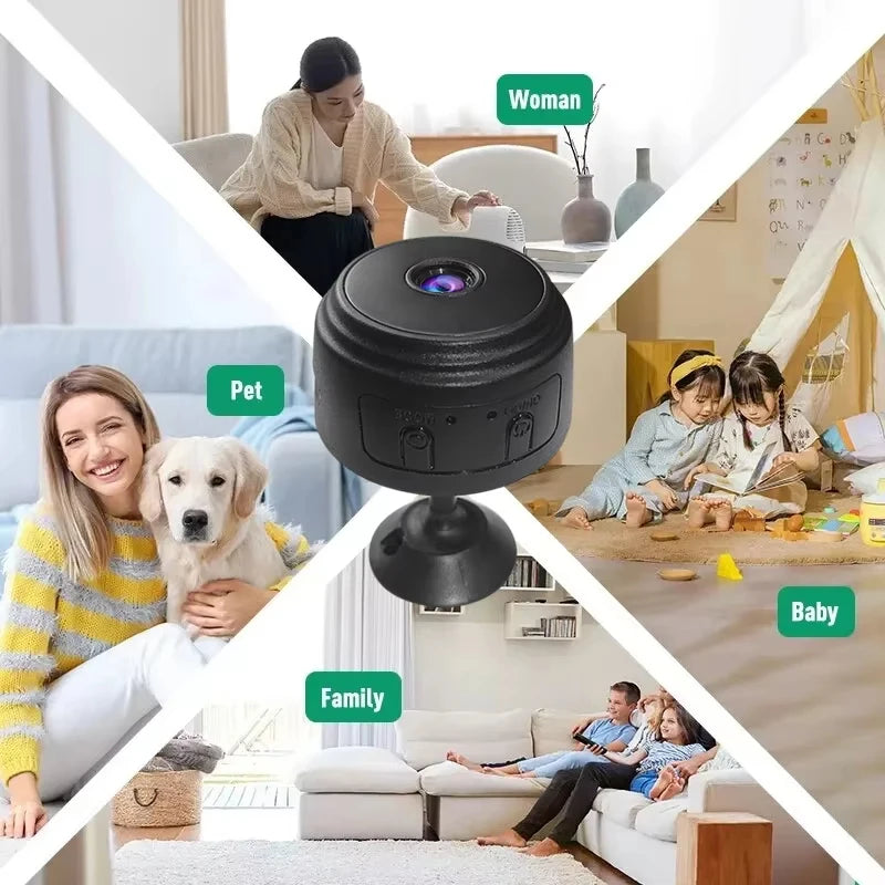 Small round black plastic security camera with a lens on top and a mounting stand, shown in four domestic settings.