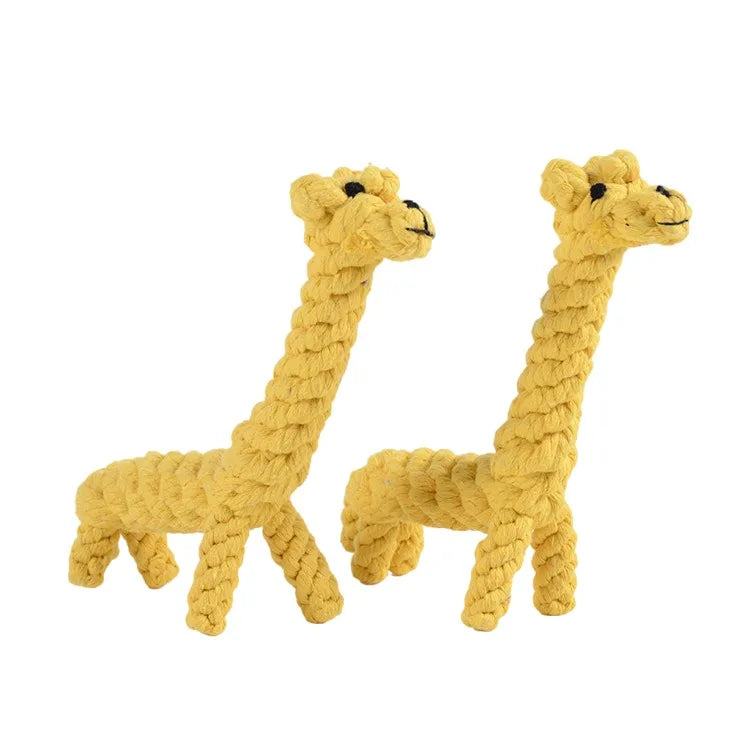 Two yellow giraffe-shaped dog toys made from durable knotted cotton rope for cleaning teeth.