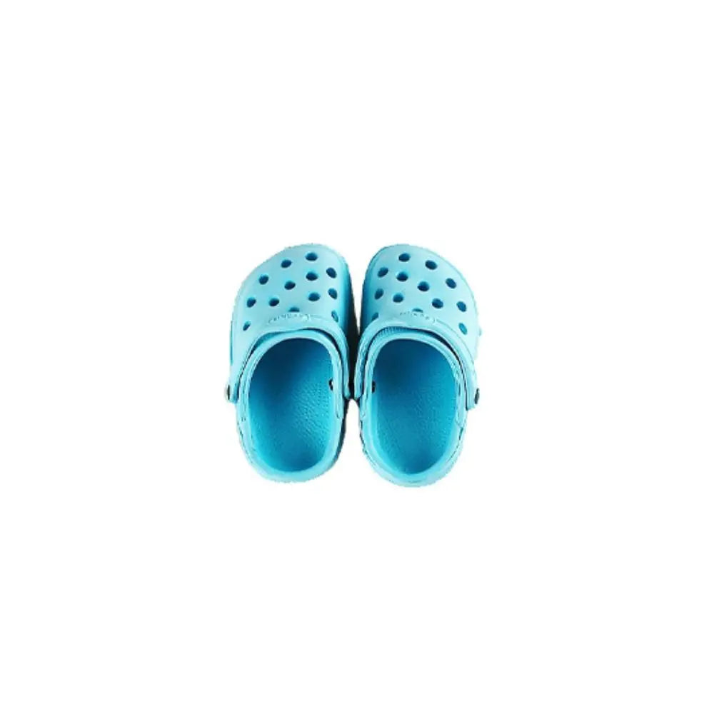 Pair of bright blue, miniature clog-style summer sandals for cats, featuring breathable air holes and a heel strap.