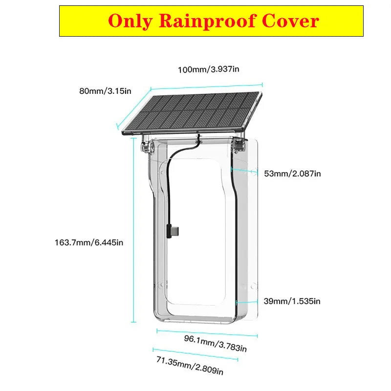 Clear, rainproof protective cover for a smart video doorbell, featuring an integrated solar panel roof and dimensions.