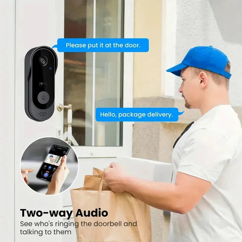 Sleek black 1080P HD smart video doorbell with two-way audio, showing a courier being viewed via a smartphone app.