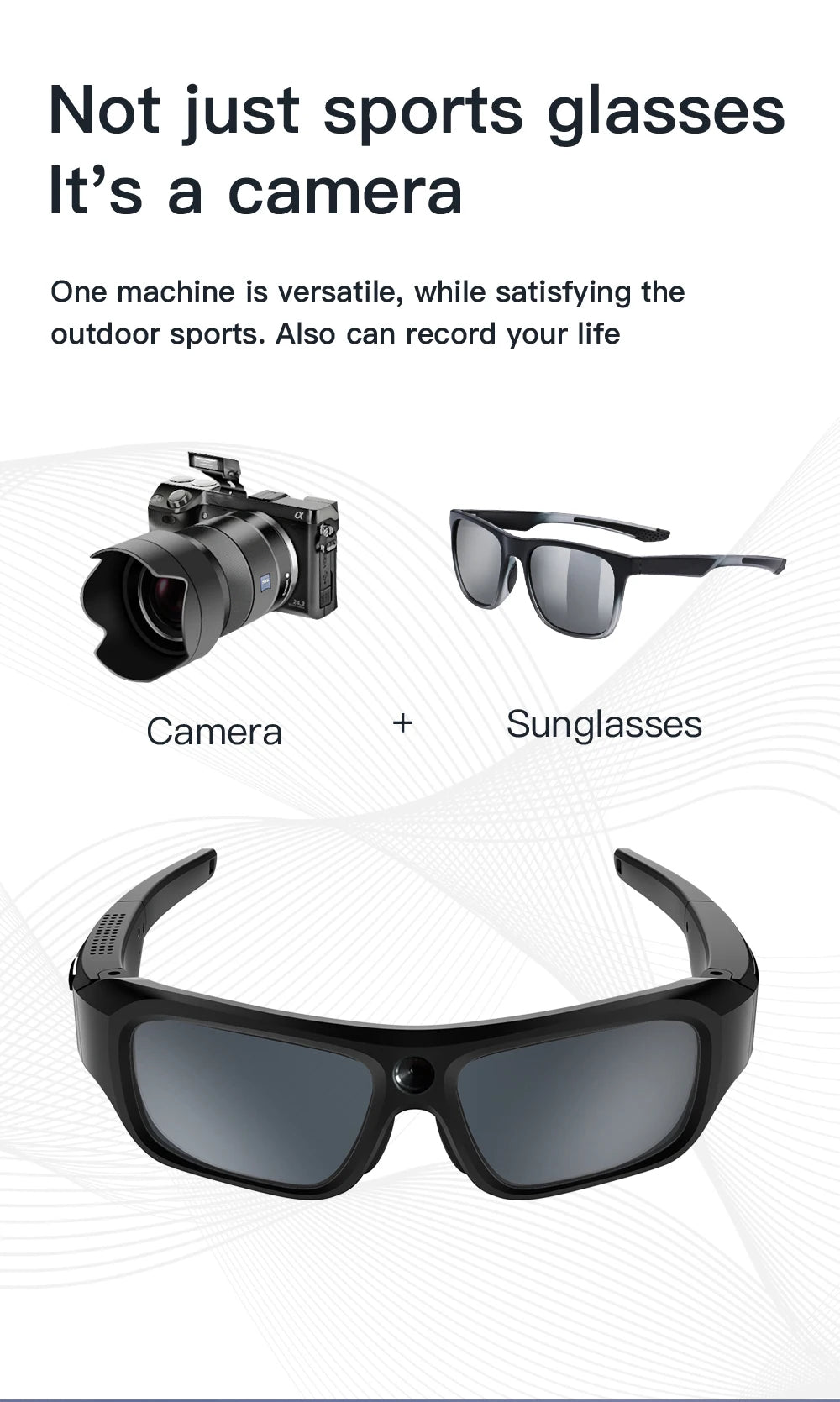 Black plastic video-recording sports sunglasses with a built-in camera lens between the dark-tinted lenses.
