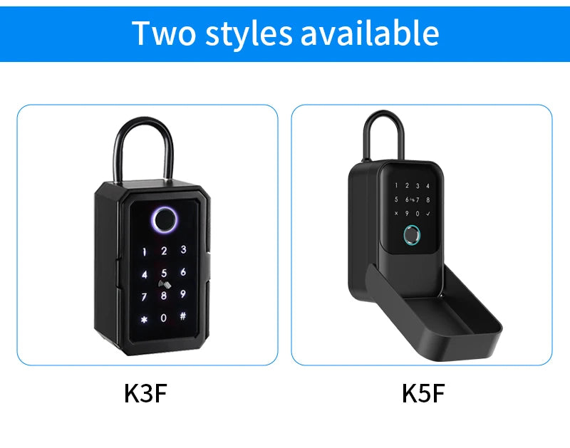 Two black metal smart key lock boxes with digital touch keypads and fingerprint scanners, models K3F and K5F.