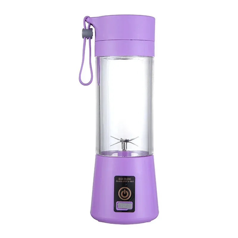Portable purple blender with a transparent cup, metal blades, and a convenient carrying strap.