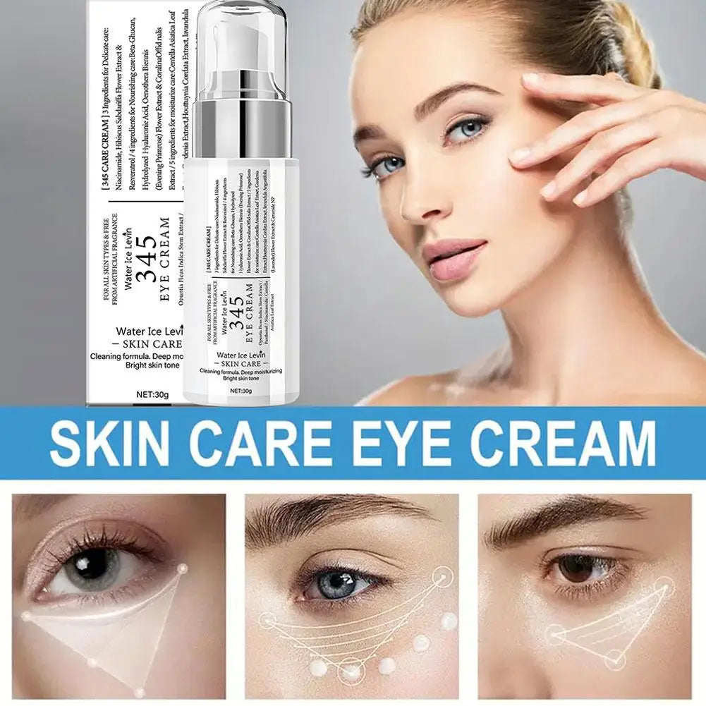 White pump bottle of brightening eye cream with a woman applying it, showing application diagrams for skin hydration.