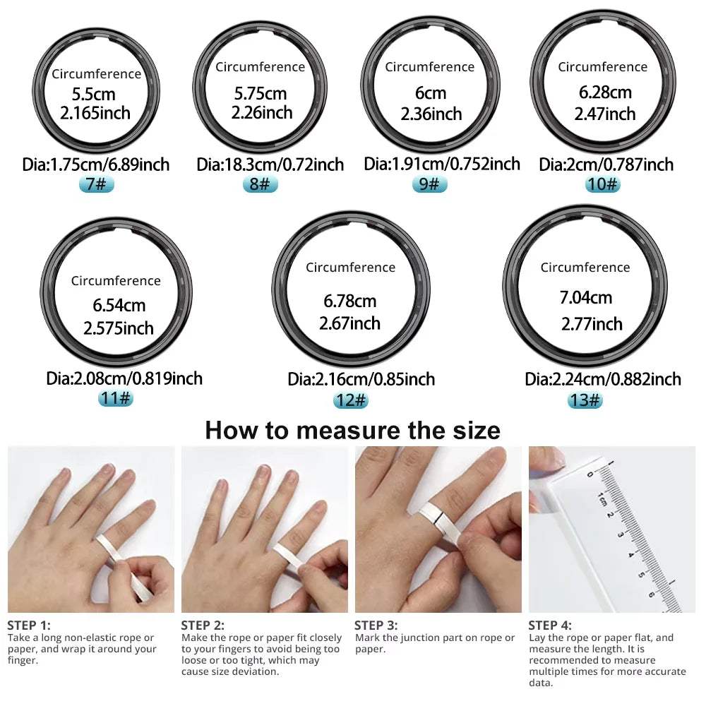 Size guide for black smart health ring showing circumference and diameter measurements for ring sizes 7 to 13.