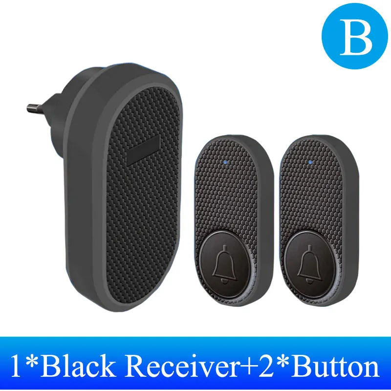 Black wireless doorbell set featuring one plug-in receiver and two textured push buttons with blue LED indicators.