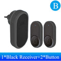 Black wireless doorbell set featuring one plug-in receiver and two textured push buttons with blue LED indicators.