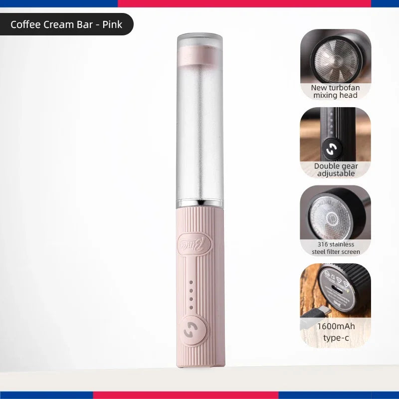 Pink handheld electric coffee frother with a frosted cylindrical body, ribbed texture, and adjustable mixing speed.