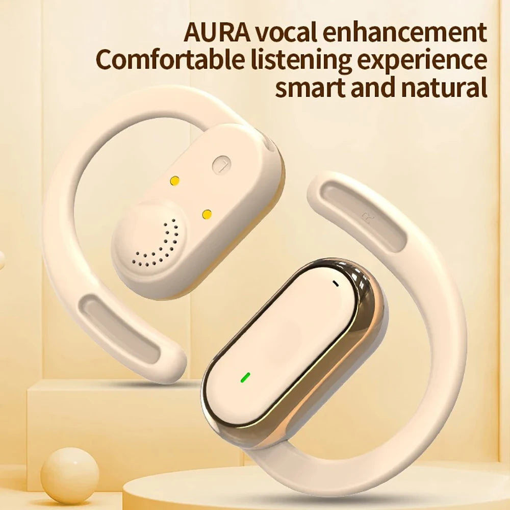 Two cream-colored, open-ear style wireless earbuds with metallic accents on a light, minimalist background.