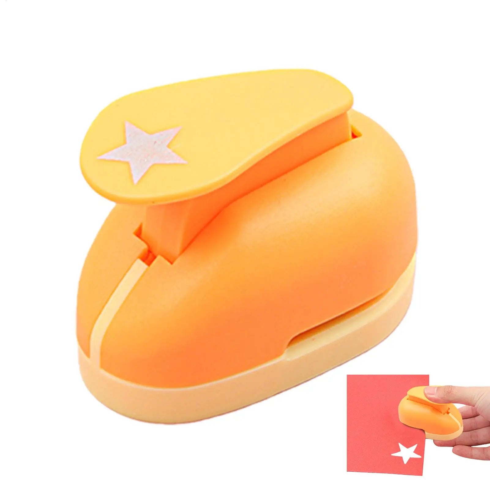 Yellow star-shaped craft punch tool for paper, shown with a hand using it to create a star cut-out.