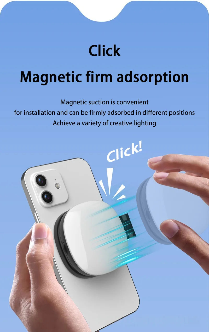 Round white magnetic light attaching to the back of a smartphone for convenient, adjustable illumination.