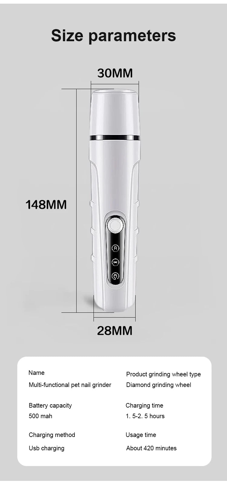 White electric pet nail grinder with diamond grinding wheel, showing dimensions of 148mm length and 30mm width.