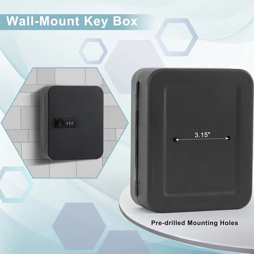 Black metal wall-mount key box with a combination lock and two pre-drilled mounting holes.