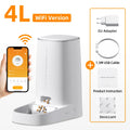 White 4L WiFi-enabled automatic pet feeder with smartphone app control, metal bowl, power cable, and accessories.