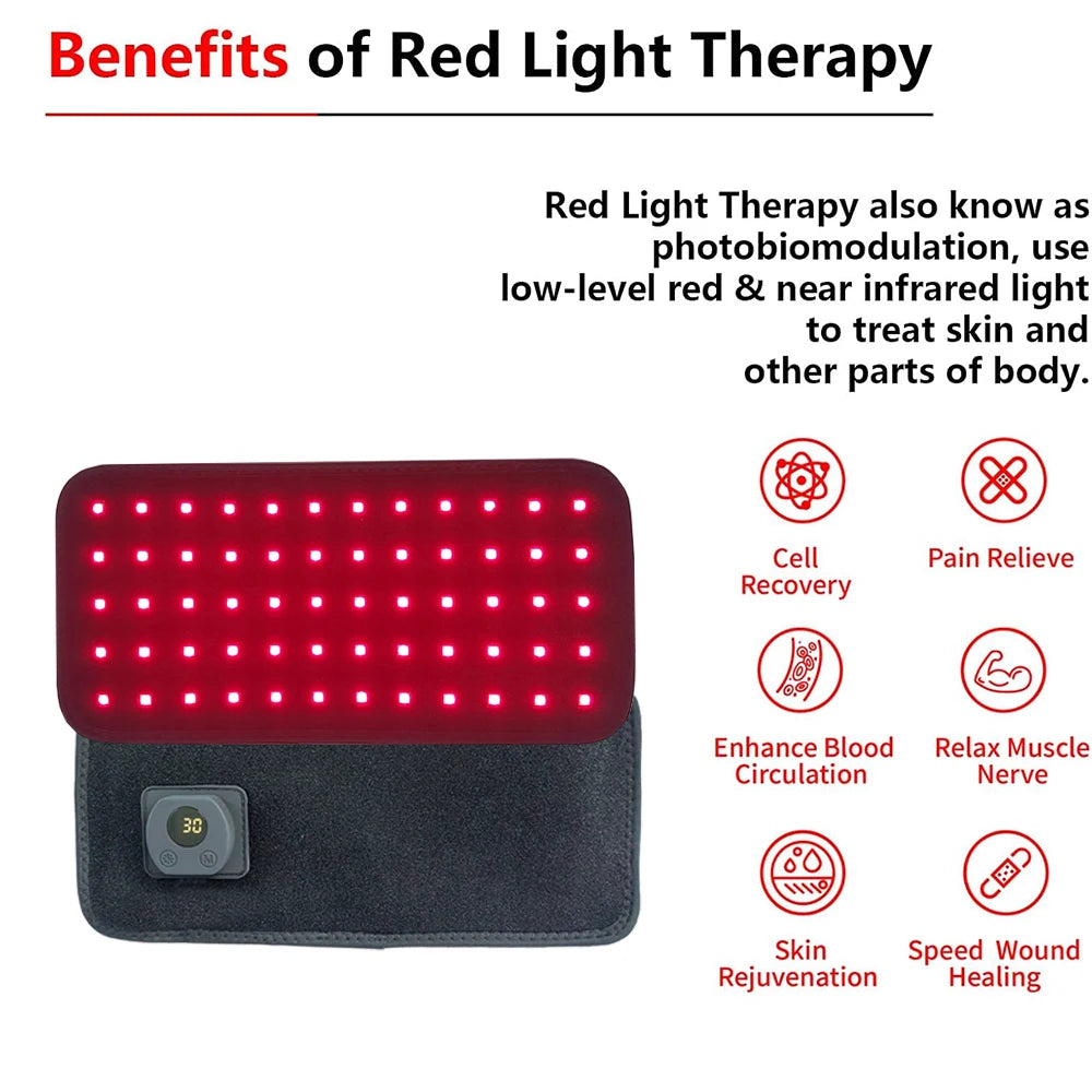 Red and black pet therapy device with glowing red LED lights, control pad, and benefit icons.