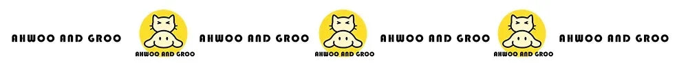 Ahwoo and Groo logo featuring a cartoon cat and bear on yellow circles, repeated horizontally.