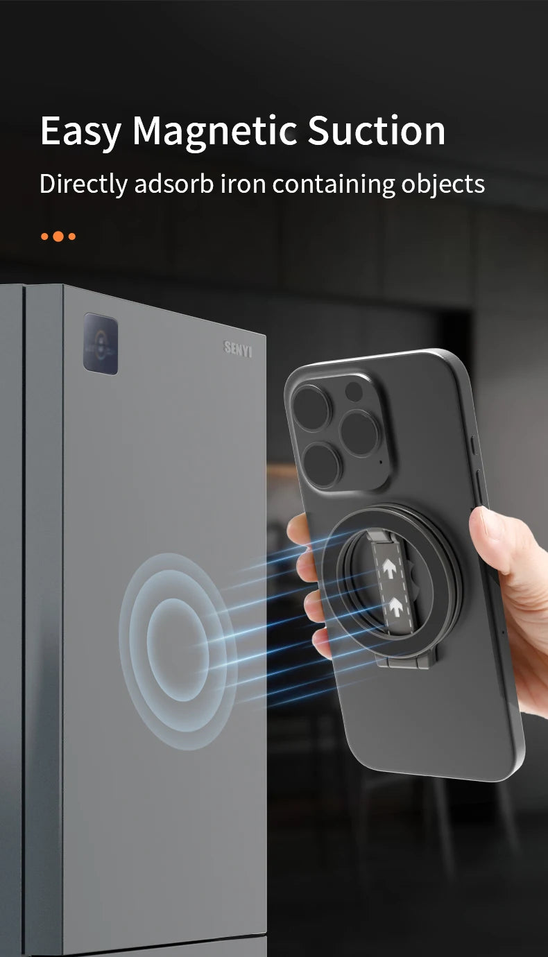 A grey magnetic phone grip and stand being attached to a metallic surface via magnetic suction.
