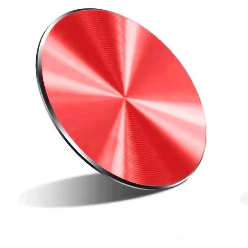 A round, vibrant red metallic disc with a radial brushed texture, angled against a white background.