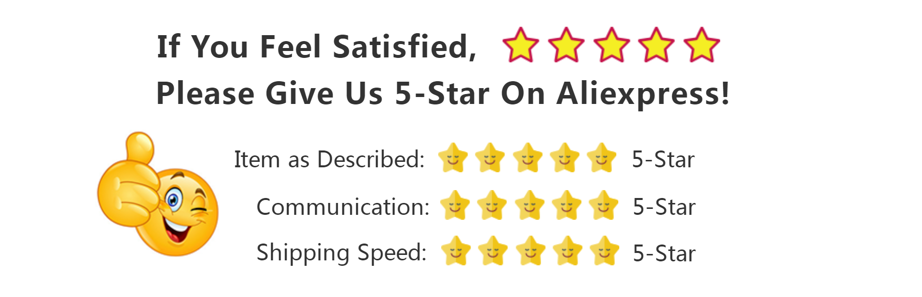 Request for five-star review graphic with a smiling emoji giving a thumbs up and rating categories.