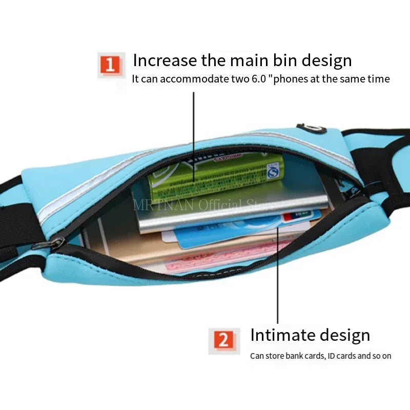 Light blue running belt with a black zip, featuring internal compartments for phones, cards, and other small items.