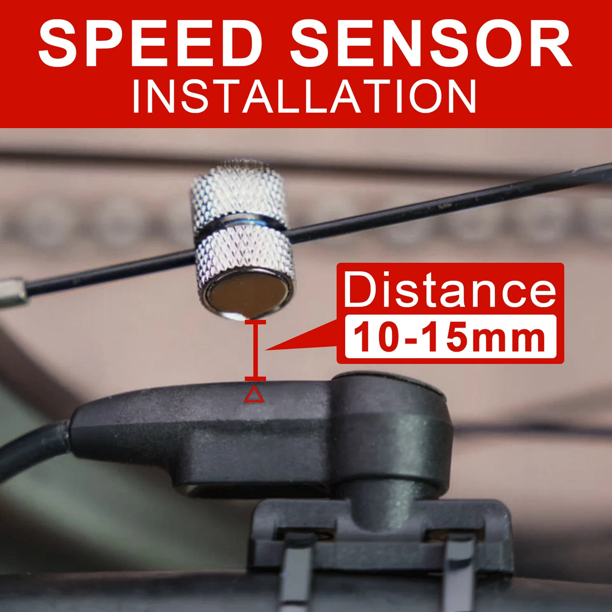 Installation diagram showing silver cylindrical spoke magnet 10-15mm above black ebike speed sensor.