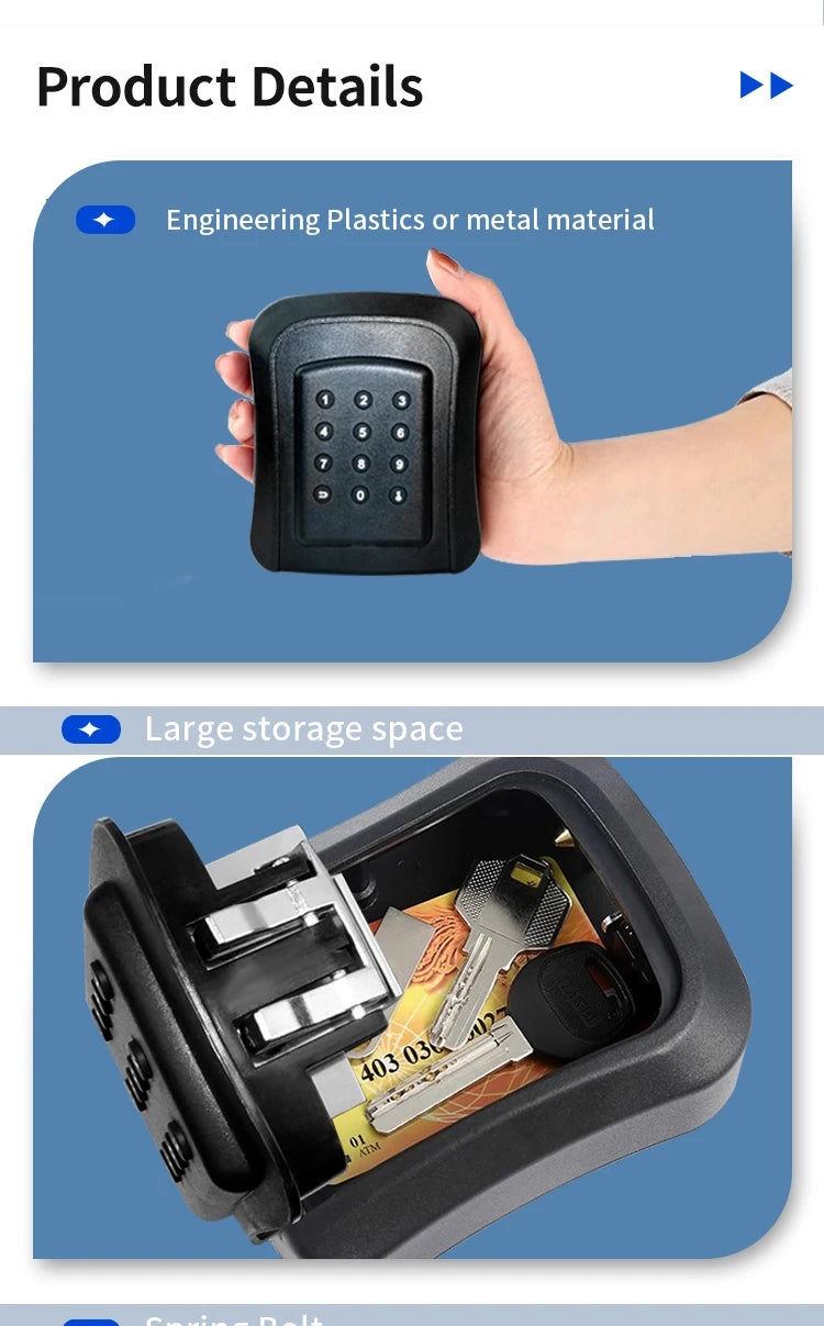Black plastic or metal wall-mounted key lock box with a push-button digital keypad and an internal storage compartment.