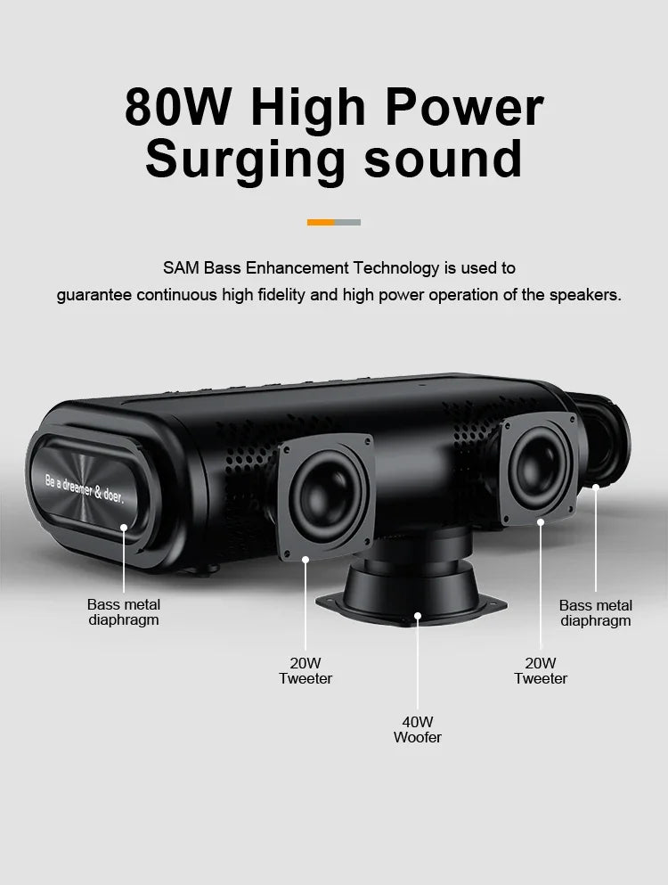 Black 80W wireless Bluetooth speaker showing exposed drivers, including two tweeters, a woofer, and dual bass diaphragms.
