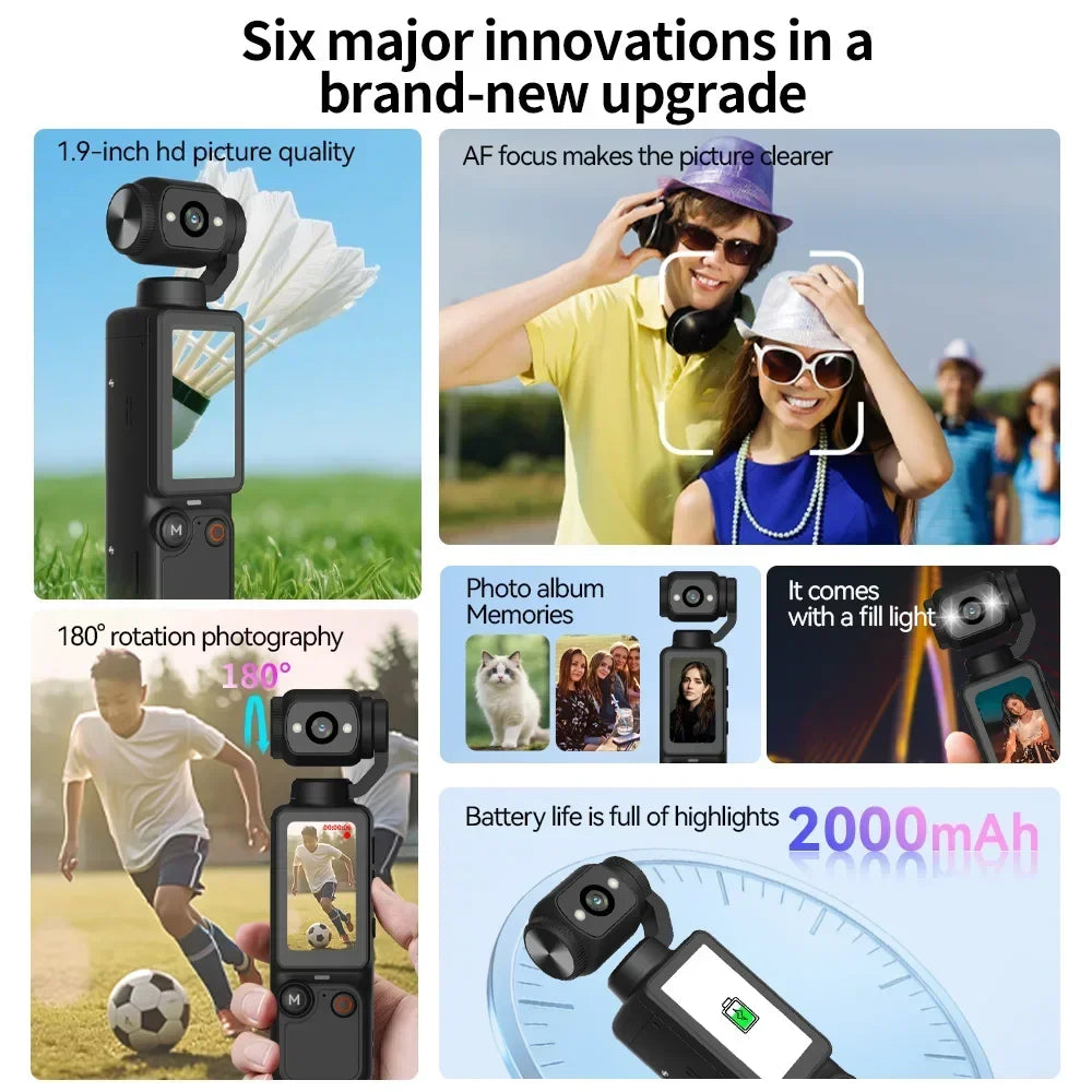 Black handheld gimbal camera with 1.9-inch touchscreen, autofocus, 180-degree rotation, fill light, and 2000mAh battery.
