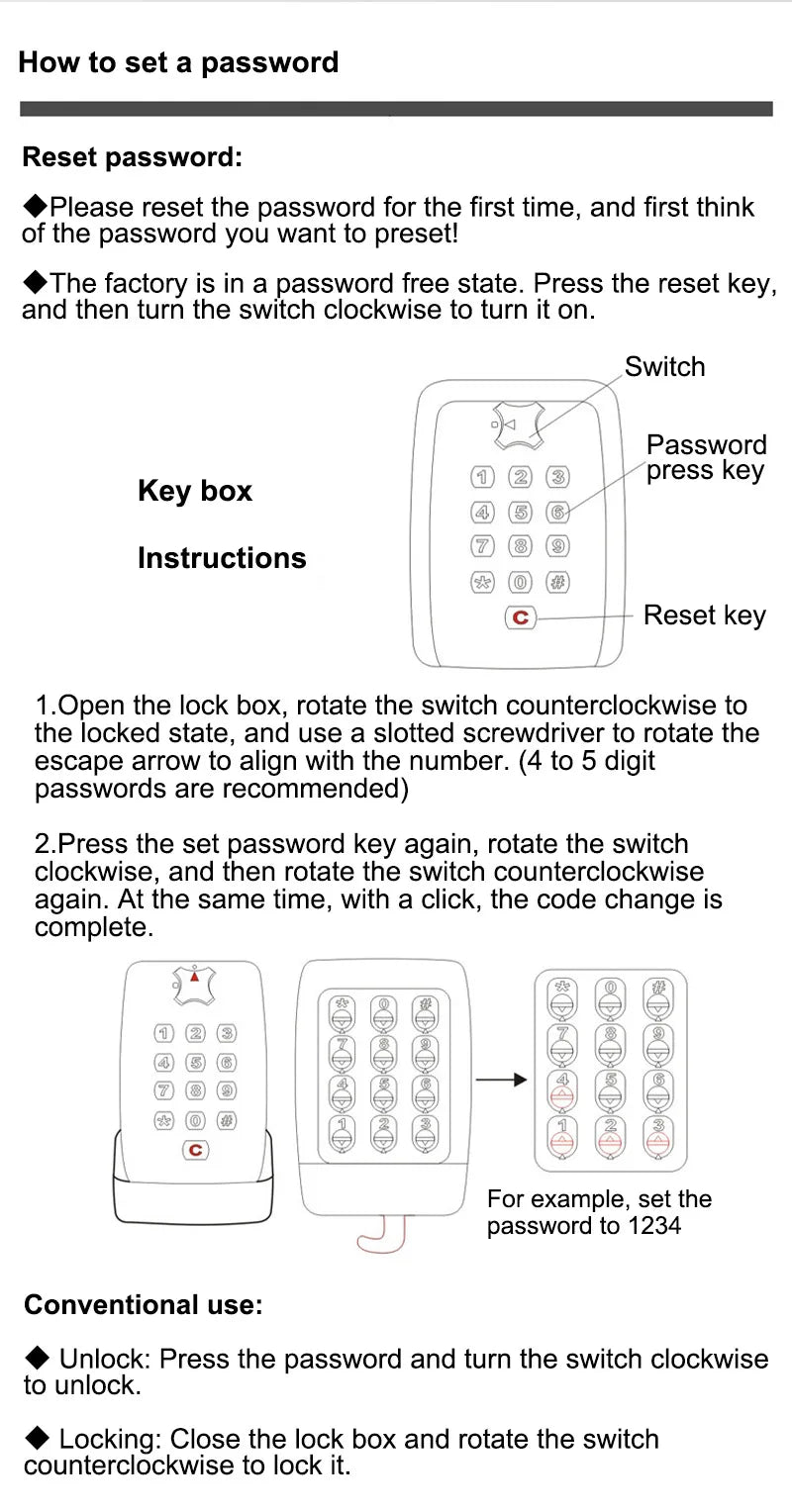 Instructional diagram for a white keypad key box showing steps to set a numerical password.