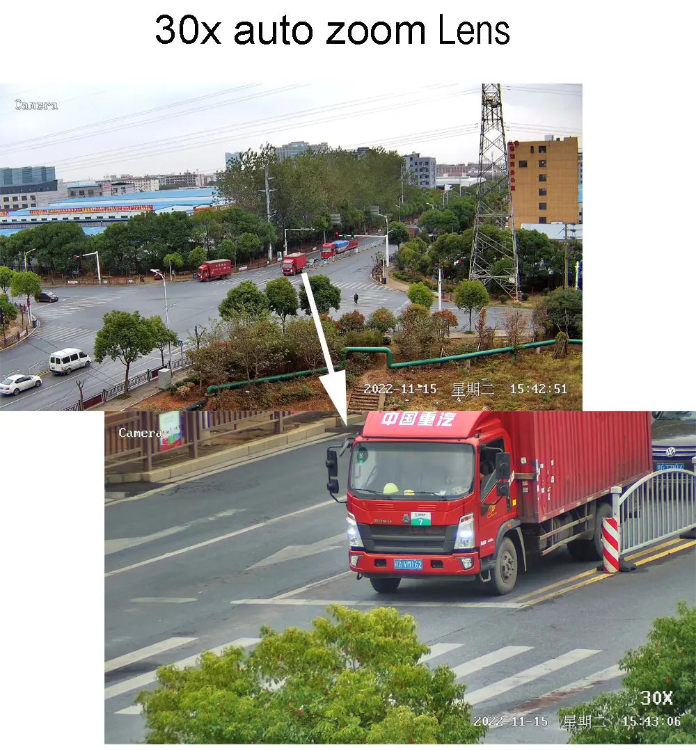 Security camera footage showing a wide street view and a zoomed-in shot of a red truck using a 30x auto zoom lens.