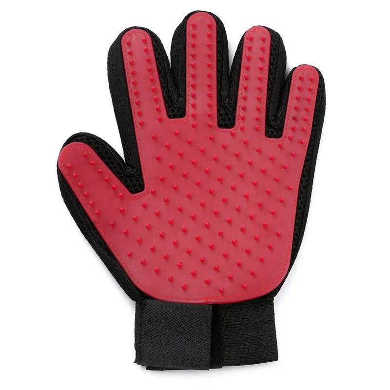 Black and red pet grooming glove with rubber nodules on the palm for brushing fur.