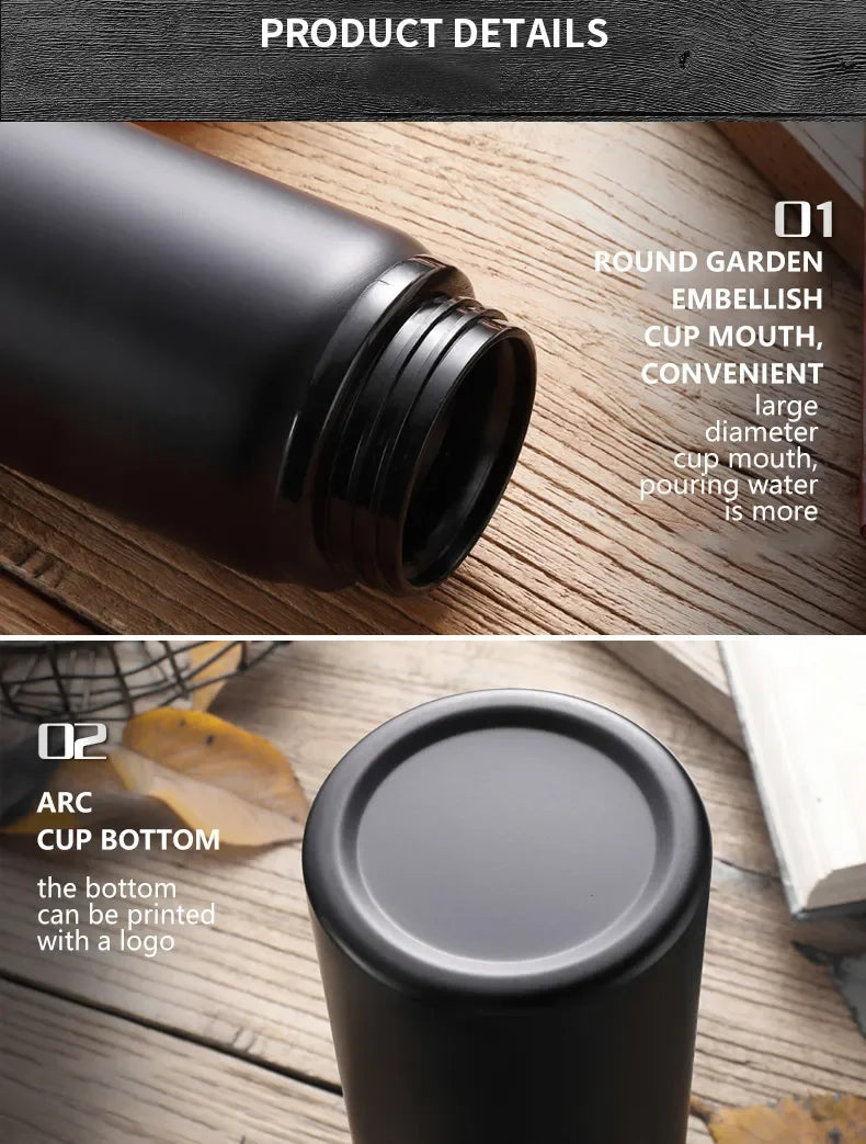 Matte black drinks flask showing the wide-opening screw top and the smooth, flat base on a wooden surface.